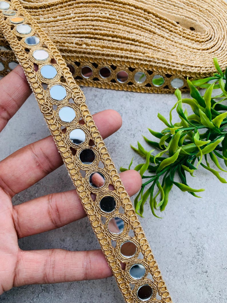 Handcrafted Gold Mirror Lace Trim | Designer Cutwork Border(1 Inch Wide), 1 Yard , Mirror lace fabric, wedding dress trim, Jewelry Accessories, Choker Band, DIY bracelets, Gold zari border, decorative trim, embroidery border, antique lace, lace applique, trim by the yard, vintage lace trim, indian trim