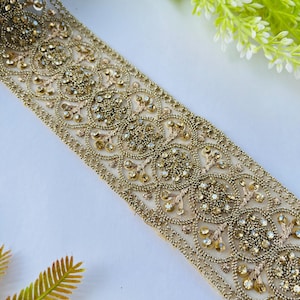Luxury Gold Rhinestone Embellished Trim, Embroidery Craft Ribbon, 1 Yard , rhinestone trim, gold sari border, bridal dress trim, indian lace ribbon, zari embroidery trim, costume sewing trim, bridal lace border, designer saree lace, gold wedding trim, embroidered trim, rhinestone border, craft embellish trim, sewing supplies