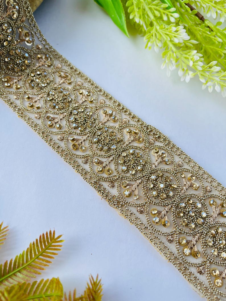 Luxury Gold Rhinestone Embellished Trim, Embroidery Craft Ribbon, 1 Yard , rhinestone trim, gold sari border, bridal dress trim, indian lace ribbon, zari embroidery trim, costume sewing trim, bridal lace border, designer saree lace, gold wedding trim, embroidered trim, rhinestone border, craft embellish trim, sewing supplies