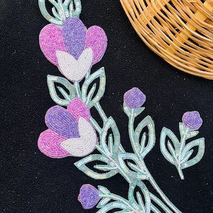 Sequin Beaded Applique Patch: Indian Floral Sew-On Embellishment (Set of 2)