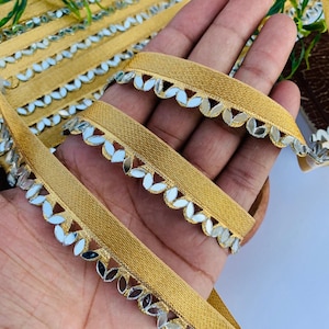 Beautiful Gold Zari & Mirror Cutwork Vine, Glamourous Sari trim, Indian Dupatta Lace, DIY Sewing Decoration Border By yard