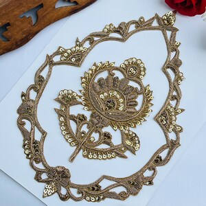 Handmade Zardozi Patch Set Antique Gold Frame Center Motif : Bridal Saree Embellishment