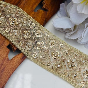 Gold Zircon Sequin Sari Border Lace: 5&quot; Indian Wedding Dress Trim