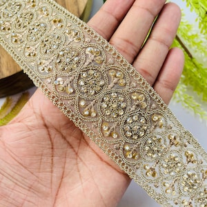 Luxury Gold Rhinestone Embellished Trim, Embroidery Craft Ribbon, 1 Yard , rhinestone trim, gold sari border, bridal dress trim, indian lace ribbon, zari embroidery trim, costume sewing trim, bridal lace border, designer saree lace, gold wedding trim, embroidered trim, rhinestone border, craft embellish trim, sewing supplies
