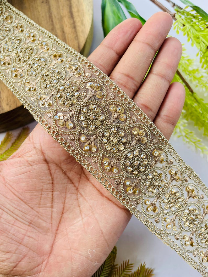 Luxury Gold Rhinestone Embellished Trim, Embroidery Craft Ribbon, 1 Yard , rhinestone trim, gold sari border, bridal dress trim, indian lace ribbon, zari embroidery trim, costume sewing trim, bridal lace border, designer saree lace, gold wedding trim, embroidered trim, rhinestone border, craft embellish trim, sewing supplies