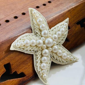 Beaded Star Applique Patch: Off White Glass & Pearl, Sew-On (9cmx9cm)