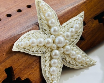 Handmade Perle Seestern Applikation Paar | Weiß Perlen Gestickter Aufnäher