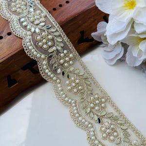 1 Yard - Pearl Embellished Golden Scalloped Mirror Trim Lace, Indian Sari Border Lace, Net Fabric Lehenga Gown Dress Trim , 2&quot; Inch Wide