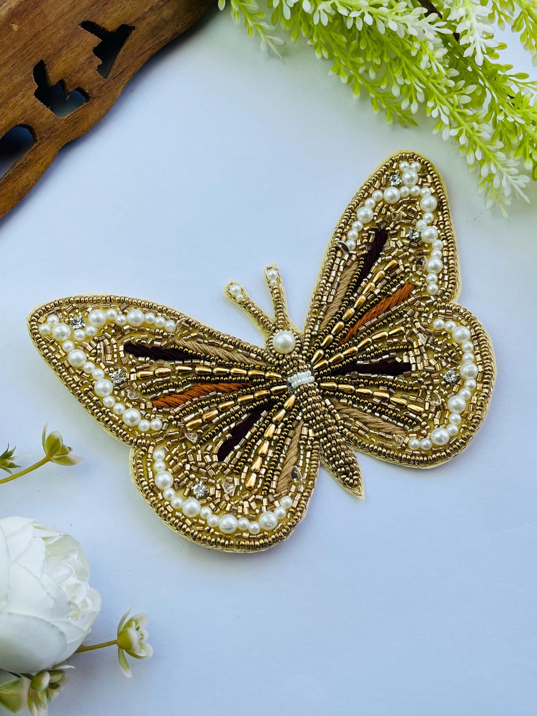 Butterfly Applique Handmade Beaded Patch Gold Pearl Insect Applique ...