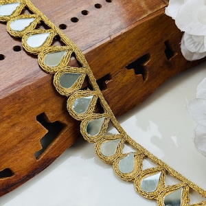 Dark Gold - Narrow Scalloped Real Mirror Trim Lace, Indian Mirrorwork Lace, Trim for Chockers, Fancy Dresses & Sari Lehenga Lace - 3cm Wide
