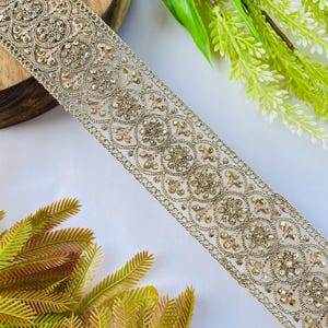 Luxury Gold Rhinestone Embellished Trim, Embroidery Craft Ribbon, 1 Yard , rhinestone trim, gold sari border, bridal dress trim, indian lace ribbon, zari embroidery trim, costume sewing trim, bridal lace border, designer saree lace, gold wedding trim, embroidered trim, rhinestone border, craft embellish trim, sewing supplies