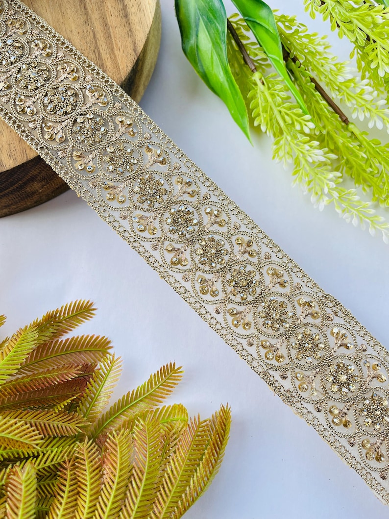 Luxury Gold Rhinestone Embellished Trim, Embroidery Craft Ribbon, 1 Yard , rhinestone trim, gold sari border, bridal dress trim, indian lace ribbon, zari embroidery trim, costume sewing trim, bridal lace border, designer saree lace, gold wedding trim, embroidered trim, rhinestone border, craft embellish trim, sewing supplies