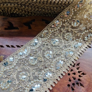Mirror Pearl Zircon Flower Trim, Décor Strip for Bordering Saree, Mirror Trim Lace Wedding, Pale Gold Saree Edging Lace by Yard ,4 Inch Wide