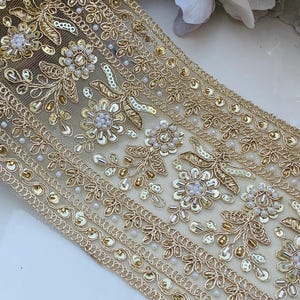 Gold Sequin Zari Trim: Indian Sari Border Lace, 4.5&quot; Wide