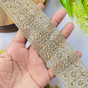 Luxury Gold Rhinestone Embellished Trim, Embroidery Craft Ribbon, 1 Yard , rhinestone trim, gold sari border, bridal dress trim, indian lace ribbon, zari embroidery trim, costume sewing trim, bridal lace border, designer saree lace, gold wedding trim, embroidered trim, rhinestone border, craft embellish trim, sewing supplies