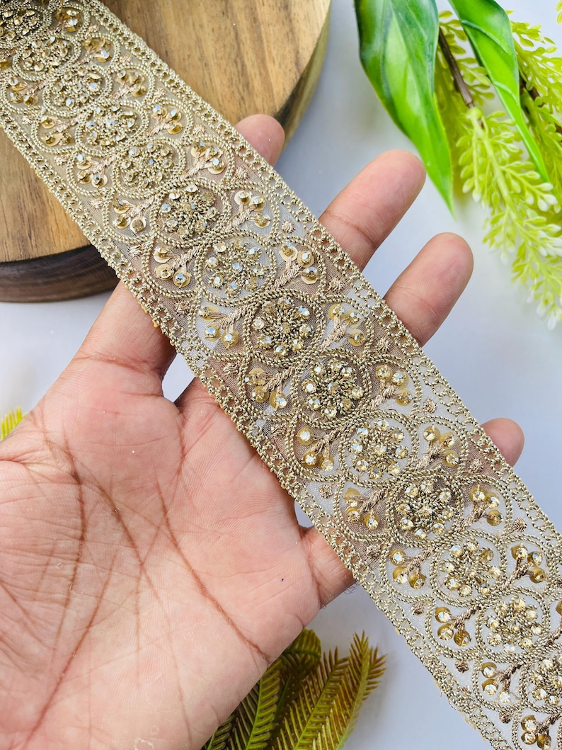 Luxury Gold Rhinestone Embellished Trim, Embroidery Craft Ribbon, 1 Yard , rhinestone trim, gold sari border, bridal dress trim, indian lace ribbon, zari embroidery trim, costume sewing trim, bridal lace border, designer saree lace, gold wedding trim, embroidered trim, rhinestone border, craft embellish trim, sewing supplies