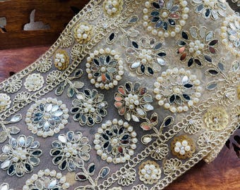 5.5 Inch Wide Pearl Mirror Zari Lace Trim | Soft Gold Handcrafted Border, 1 Yard
