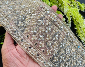 Luxury Beaded Floral Bridal Trim - Gold Sequin Embellished Lace, 1 Yard