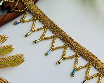 Crystal Beaded Fringe Trim: Dark Brown & Gold, 4" Wide, Costume Embellishment