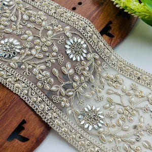 1 Yard Pearl Mirror Zircon Embellished Lace Trim | Bridal Saree Border | Gold Beaded Wedding Dress Trim DIY Crafts, Dress Making ,12&quot;cm Wide