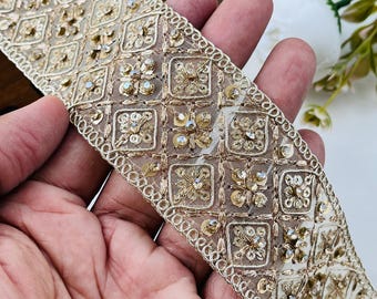 Antique Golden Rhinestone Beaded Trim – Bridal Embroidered Border, Wedding Dress Sewing Embellishment, 1 Yard