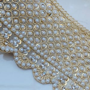 Gold Net Zari Embroidered Pearl - Zircon Scalloped Indian Trim Lace, Broad Sari Dupatta Lehenga Gown Embellishment Border Lace 3 Inch Wide