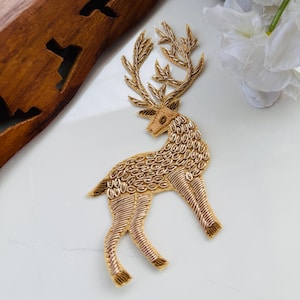 Zardozi Embroidered Deer Applique Patch: Golden Indian Sari Embellishment