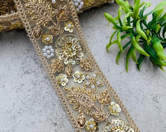 1ヤード、パール、クリスタル装飾ゴールドブロードトリム、インド対称ザリ刺繍パールザルドジボーダーレース、幅5CM