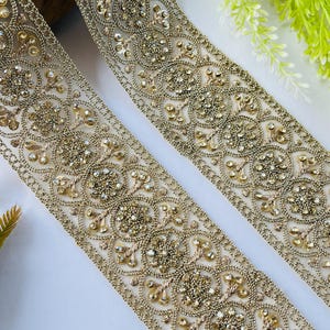 Luxury Gold Rhinestone Embellished Trim, Embroidery Craft Ribbon, 1 Yard , rhinestone trim, gold sari border, bridal dress trim, indian lace ribbon, zari embroidery trim, costume sewing trim, bridal lace border, designer saree lace, gold wedding trim, embroidered trim, rhinestone border, craft embellish trim, sewing supplies