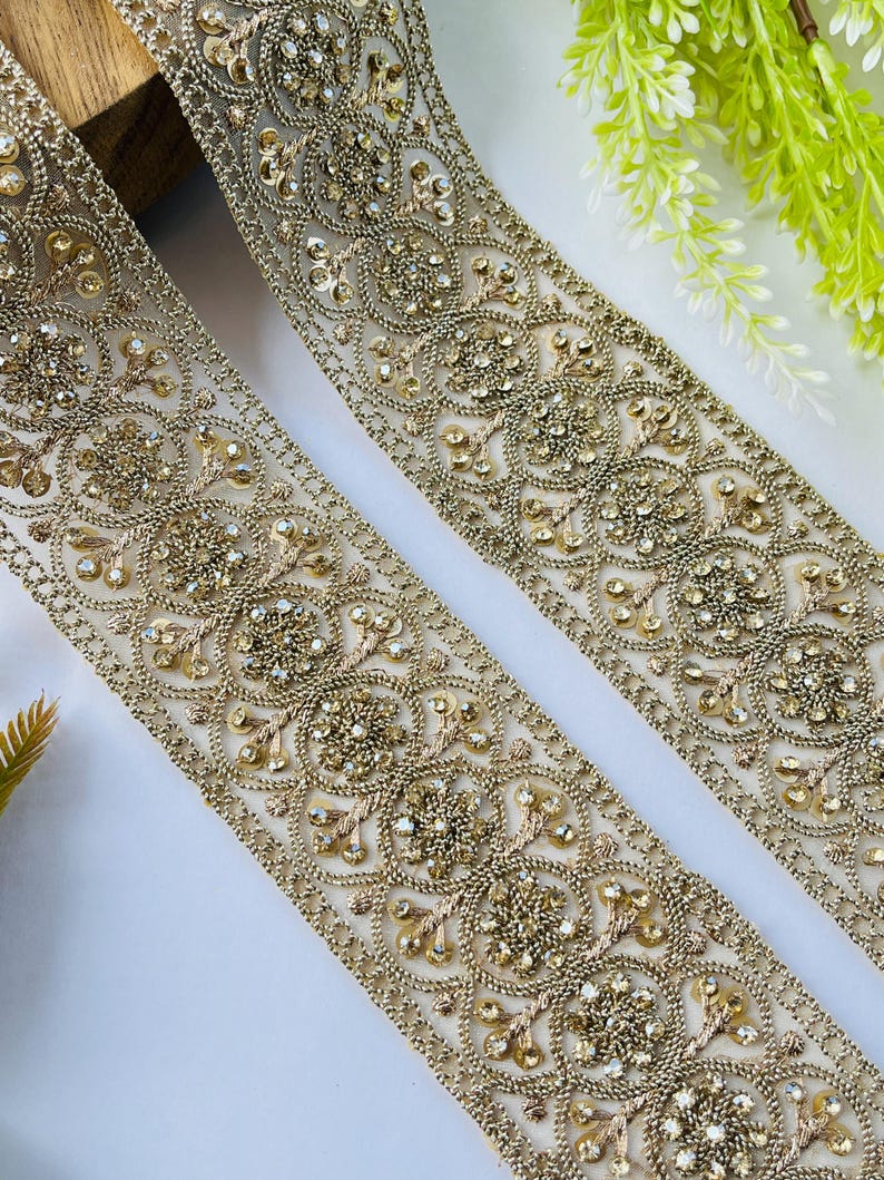 Luxury Gold Rhinestone Embellished Trim, Embroidery Craft Ribbon, 1 Yard , rhinestone trim, gold sari border, bridal dress trim, indian lace ribbon, zari embroidery trim, costume sewing trim, bridal lace border, designer saree lace, gold wedding trim, embroidered trim, rhinestone border, craft embellish trim, sewing supplies