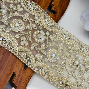 1 Yard Mirror-Pearl-Zircon Embellished Pale Gold Trim, Wide Border Lace for Wedding Dress, Saree, Curtains, DIY Crafts , 3&quot; Inch Wide