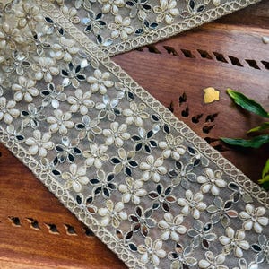 Pearl & Mirror Embroidered Lace Trim: Golden Zardozi Border, 8.5cm