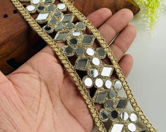 Gold Geometric Mirror Trim: Zari Embroidered Lace Border, 1 Yard