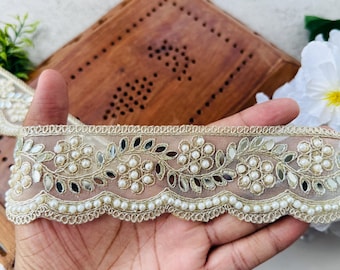 Handmade Pearl - Mirror Work Scalloped Trim – 2 Inch Gold Beaded Lace Border 1 Yard