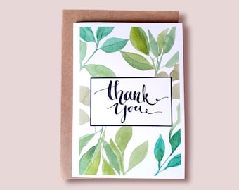 Thank you card, Leaf Border, Watercolour, Greeting Card, For Him, For Her