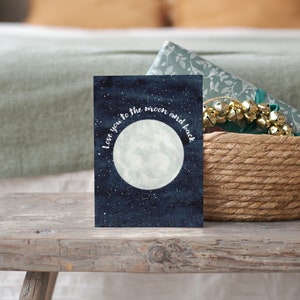 Ti amo fino alla luna e ritorno, Biglietto acquerello, Per lui, Per lei, San Valentino, Anniversario, Compleanno