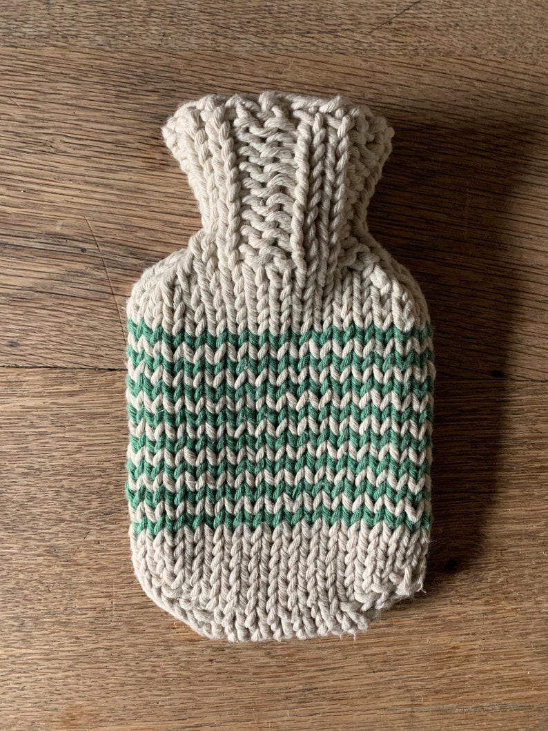 Mini Hot Water Bottle with natural cotton string, hand dyed, hand knitted striped cover image 5