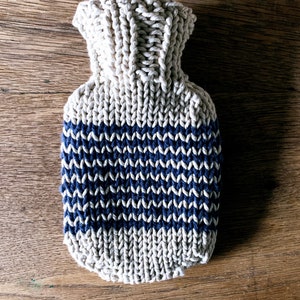 Mini Hot Water Bottle with natural cotton string, hand dyed, hand knitted striped cover image 7