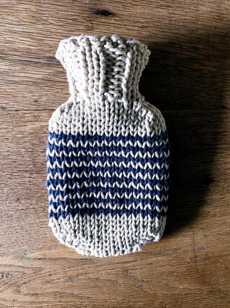 Mini Hot Water Bottle with natural cotton string, hand dyed, hand knitted striped cover image 7