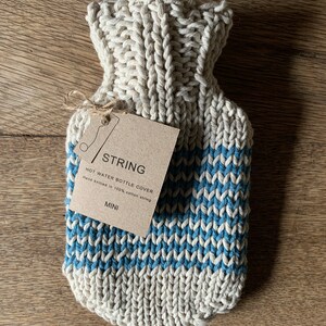Mini Hot Water Bottle with natural cotton string, hand dyed, hand knitted striped cover image 4