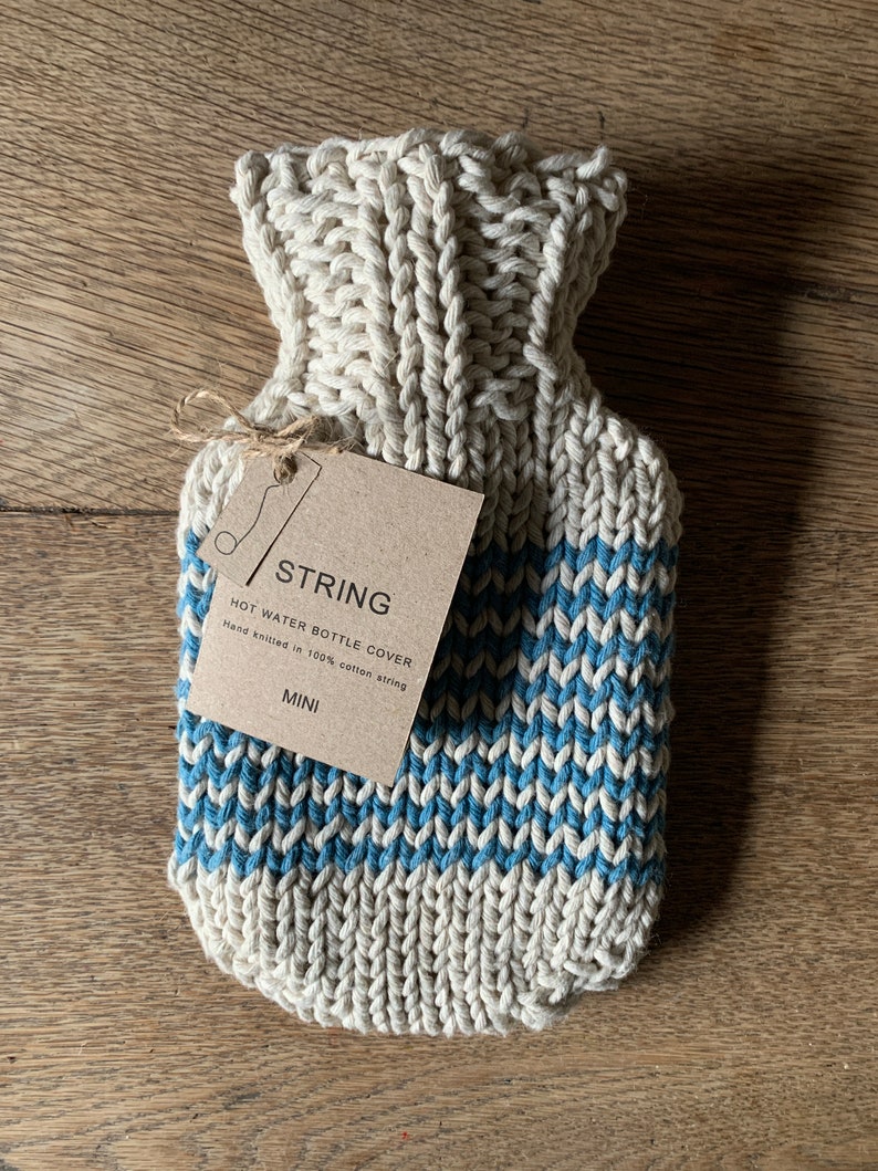 Mini Hot Water Bottle with natural cotton string, hand dyed, hand knitted striped cover image 4