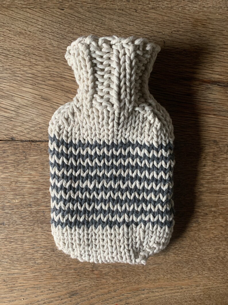 Mini Hot Water Bottle with natural cotton string, hand dyed, hand knitted striped cover image 8