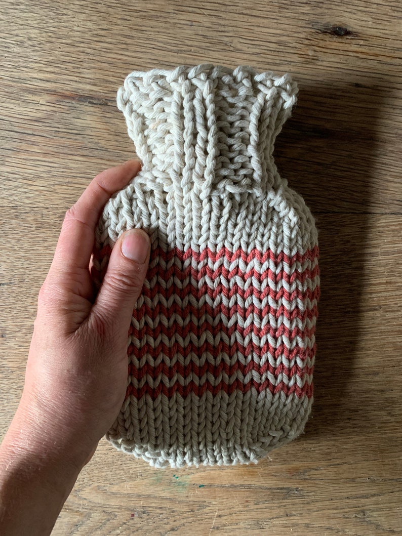 Mini Hot Water Bottle with natural cotton string, hand dyed, hand knitted striped cover image 2