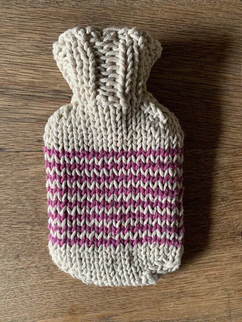 Mini Hot Water Bottle with natural cotton string, hand dyed, hand knitted striped cover image 3