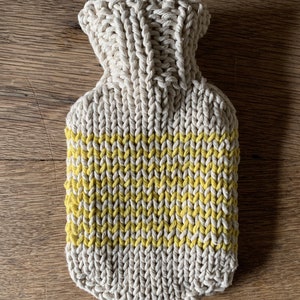Mini Hot Water Bottle with natural cotton string, hand dyed, hand knitted striped cover image 6