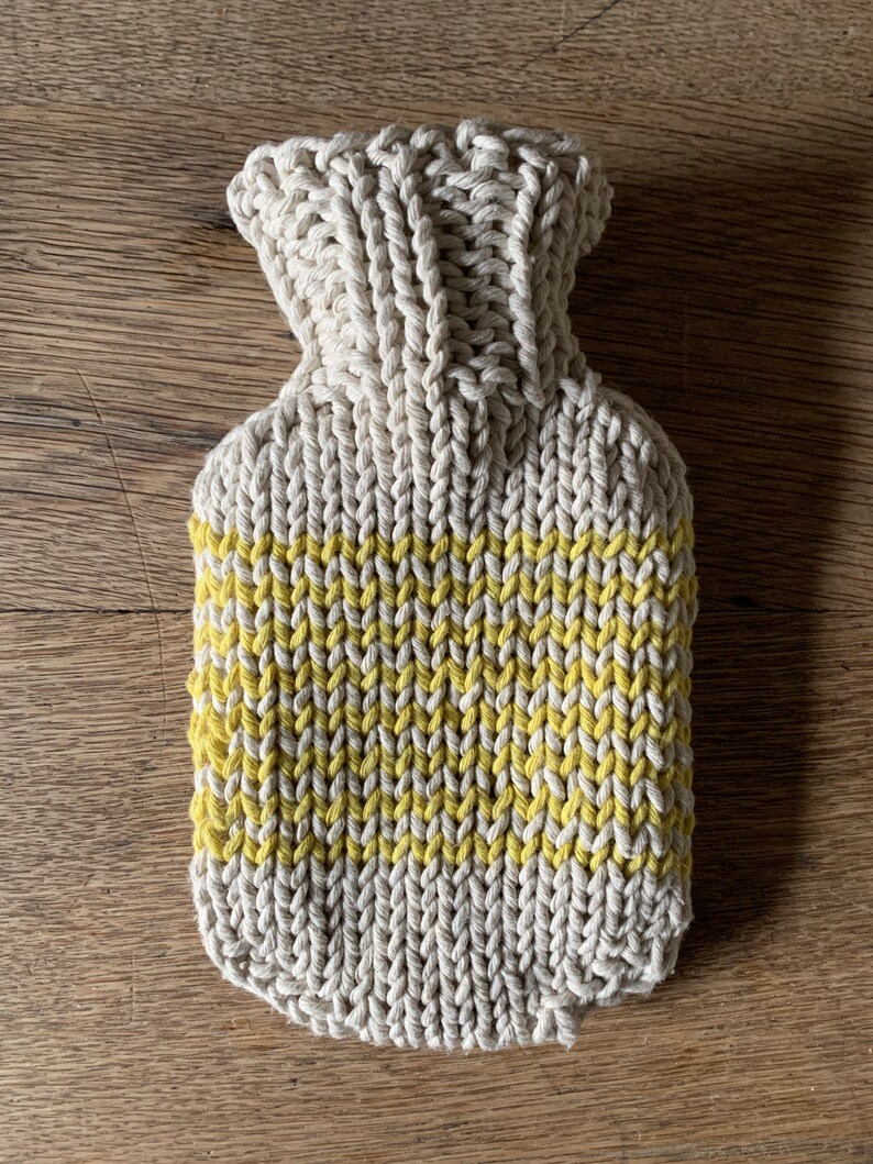 Mini Hot Water Bottle with natural cotton string, hand dyed, hand knitted striped cover image 6