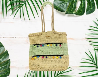 Crochet Beach Bag Tropical Fashion Purse with Pom Poms Green and Beige Colorful Fun