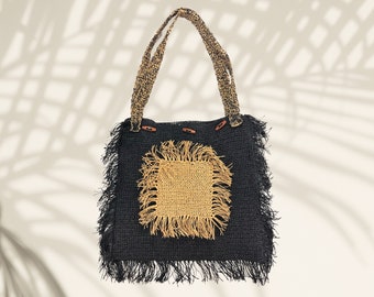 Boho Beach Bag Oversized Crochet Purse Black and Beige with Textured Fringe Unique Gifts for Women Summer Style