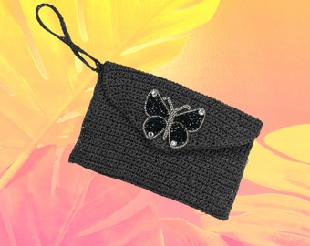 Cute Clutch Black Crochet with Beaded Embroidery Butterly Unique Boho Purse Gifts for Women
