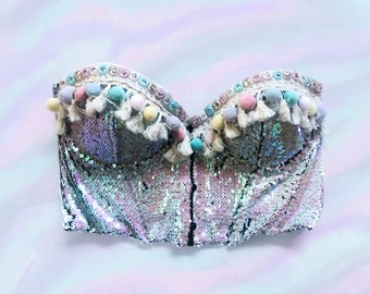 Sequins Glitter Bustier with Tassels Unique Boho Festival Top ~ Pastel Rainbow Bra